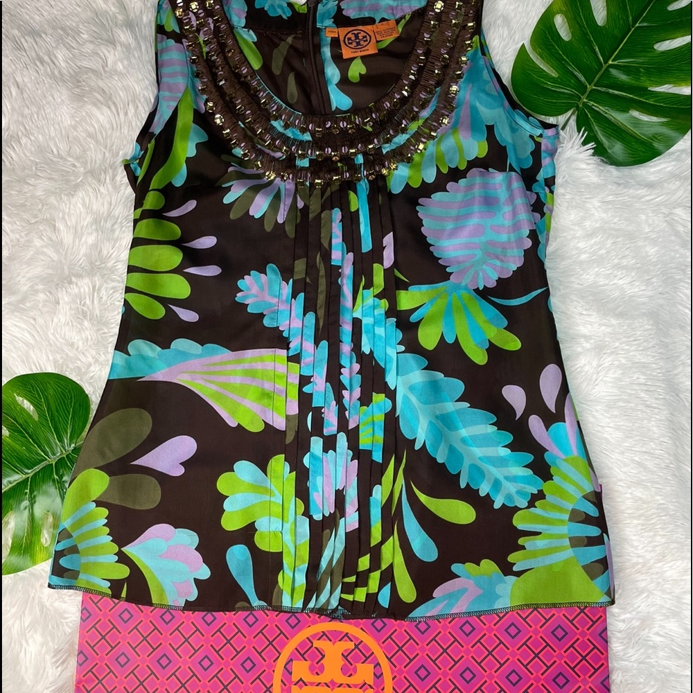 Tory Burch Beaded Floral Silk Blouse Sz 10 Bin A